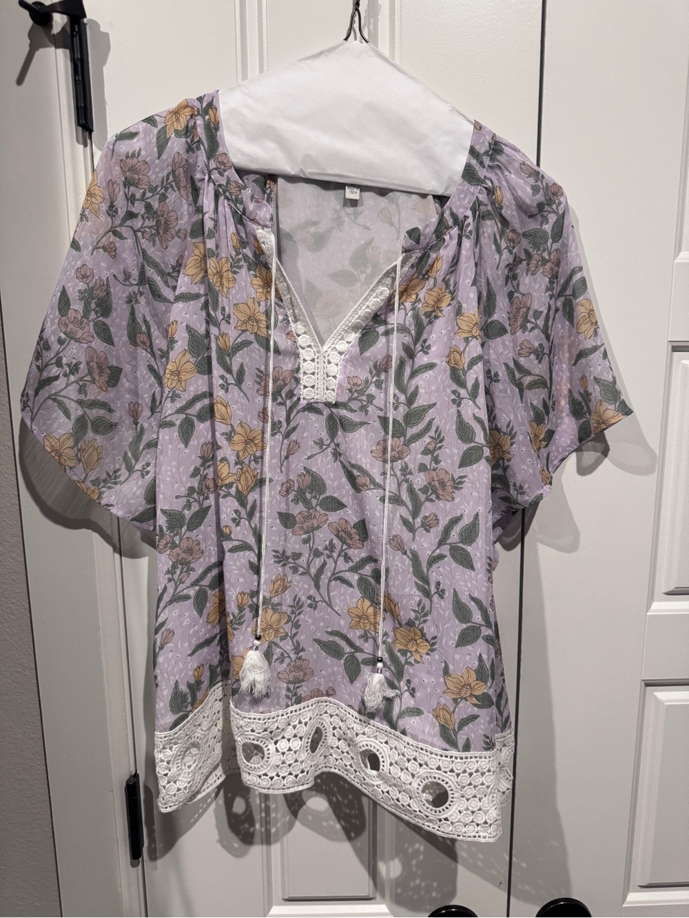 Floral Lace-Trim Peasant Blouse - Lavender Floral - Picture 6 of 7